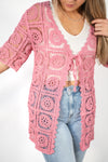 Tie Front Crochet Half Sleeve Cardigan: Pink