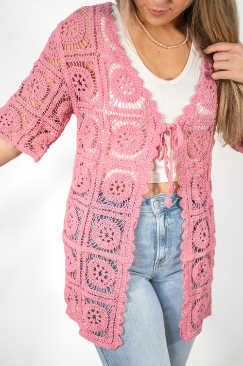 Tie Front Crochet Half Sleeve Cardigan: Pink