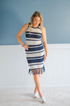 Navy and Cream Striped Crochet Midi Dress