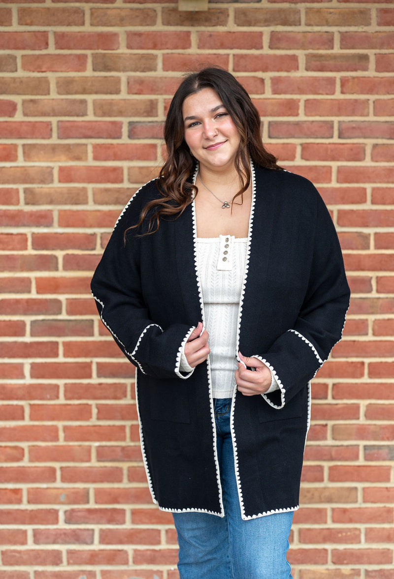 White Scalloped Trim Luxe Midi Cardigan: Black