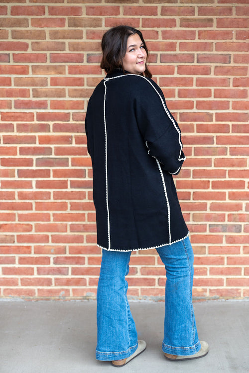 White Scalloped Trim Luxe Midi Cardigan: Black