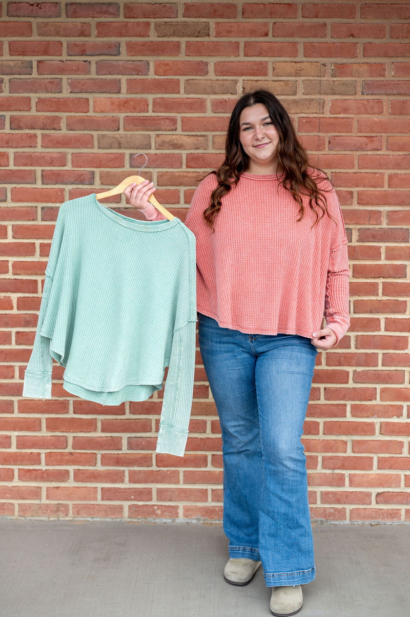 Round Neck Oversized Mineral Wash Waffle Thermal