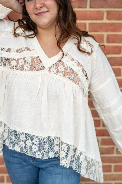 POL V-Neck Babydoll Pearl Embellished Long Sleeve