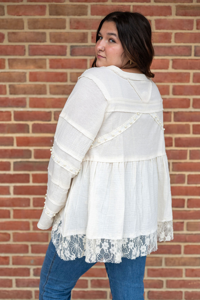POL V-Neck Babydoll Pearl Embellished Long Sleeve