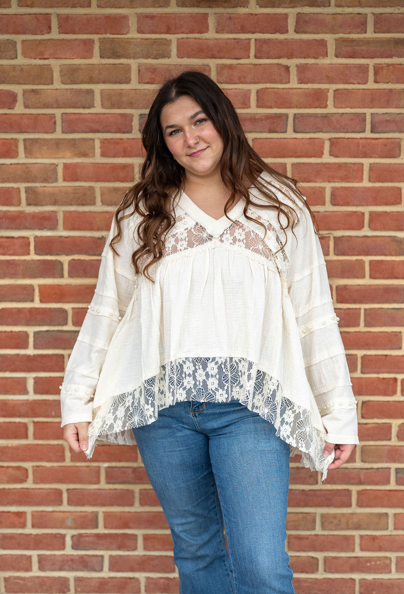 POL V-Neck Babydoll Pearl Embellished Long Sleeve