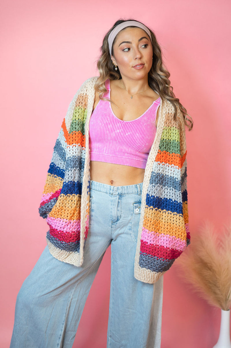 boho, chenille, sweater, chic, free people, casual style, Anthropologie, pol sweater, freckled poppy, cropped, pullover, workout wear, pilates jacket, Lululemon, cardigan, rainbow, groovy, bright