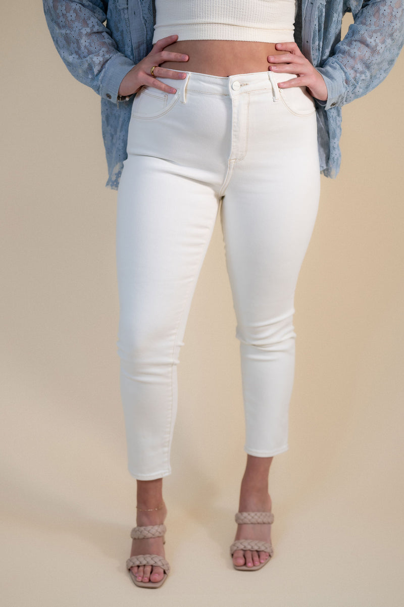 Risen High Rise Skinny Jeans: Cream