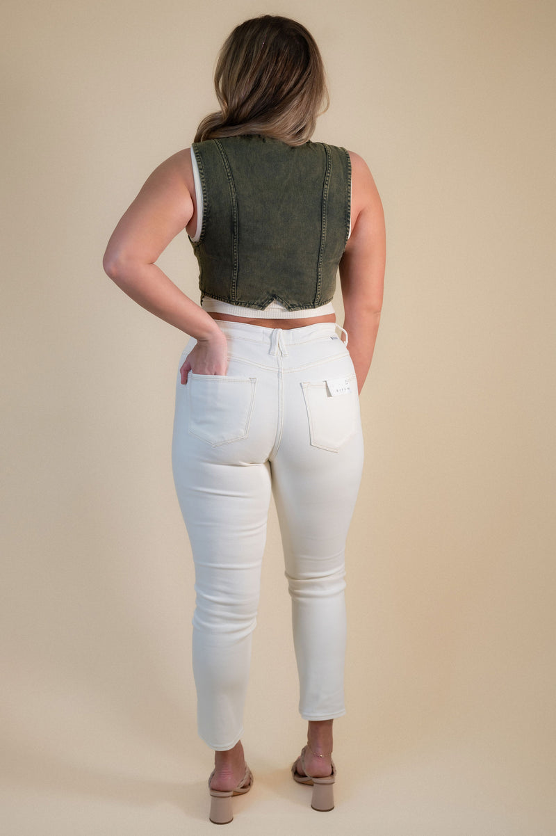 Risen High Rise Skinny Jeans: Cream