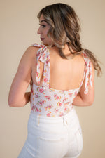 White Floral Romance Bustier Tie-Strap Bodysuit