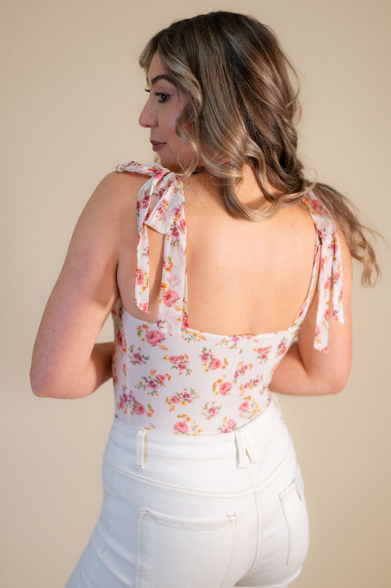 White Floral Romance Bustier Tie-Strap Bodysuit