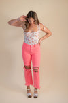 Risen High Rise "It" Girl Distressed Pant: Neon Coral