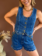 Denim vest, jean vest, twill edge vest, scallop hem vest, button up denim vest, denim set, jean set 