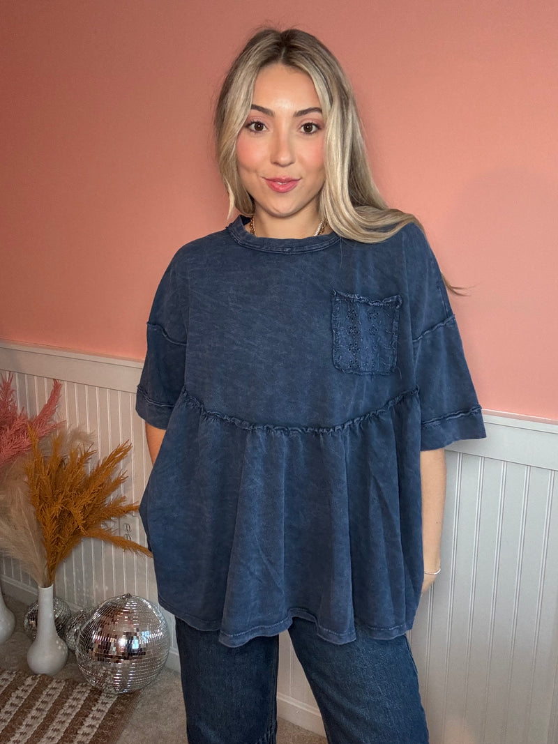 Easy Weekend Washed Babydoll Blouse: Blue