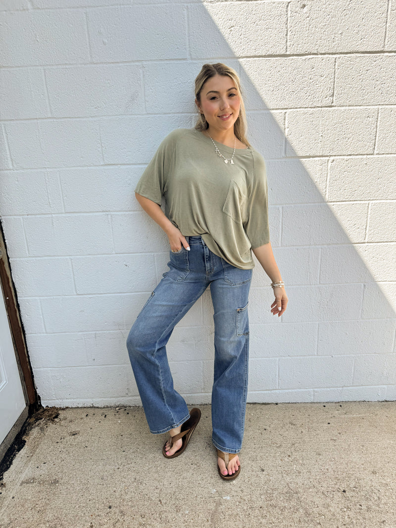 Lazer Cut Comfy Oversized Pocket Tee: Green