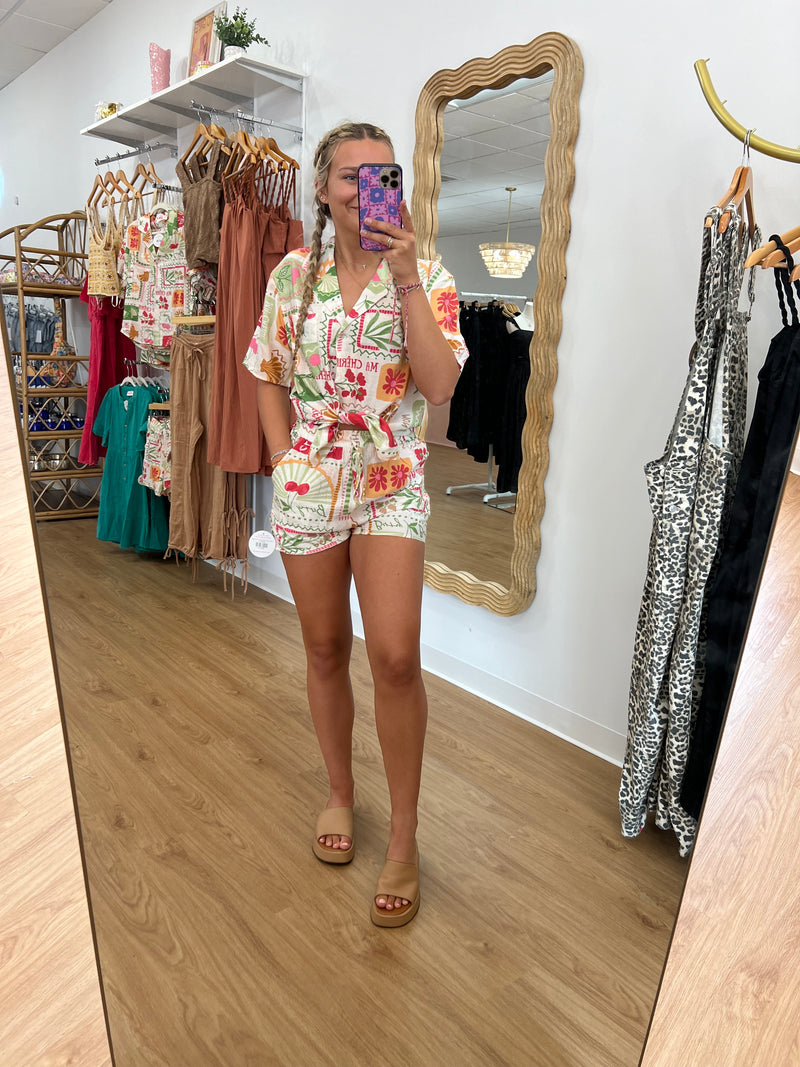Berry Printed Island Button Down Shorts
