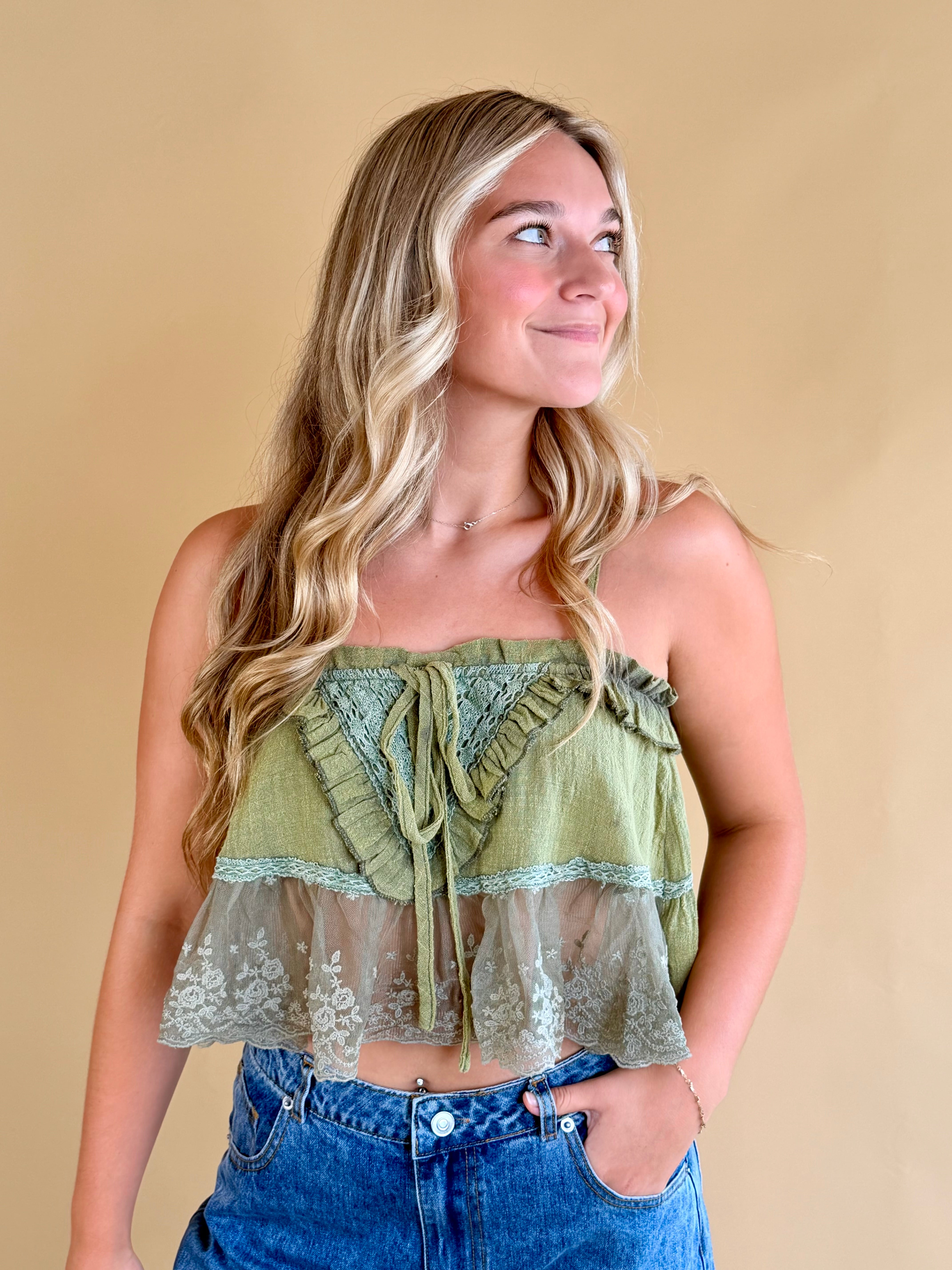 Green tank top, fall fashion, lace detail, back to school, junior fashion, transitional piece, moss green