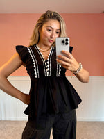 Ric Rac Ruffle Black V-Neck Blouse