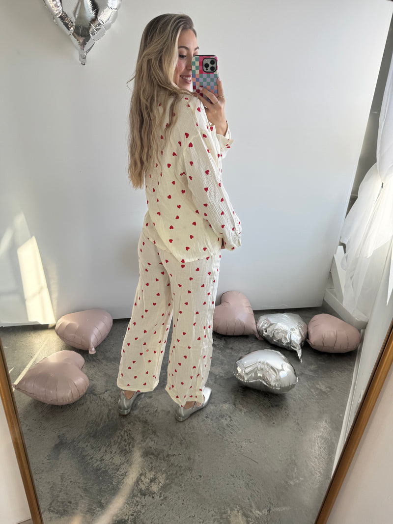 Linen Heart Pajama Set: Ivory