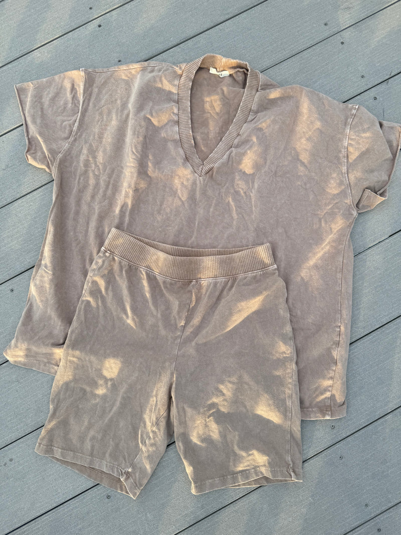 Mineral Wash Oversized Tee  Biker Short Set: Taupe