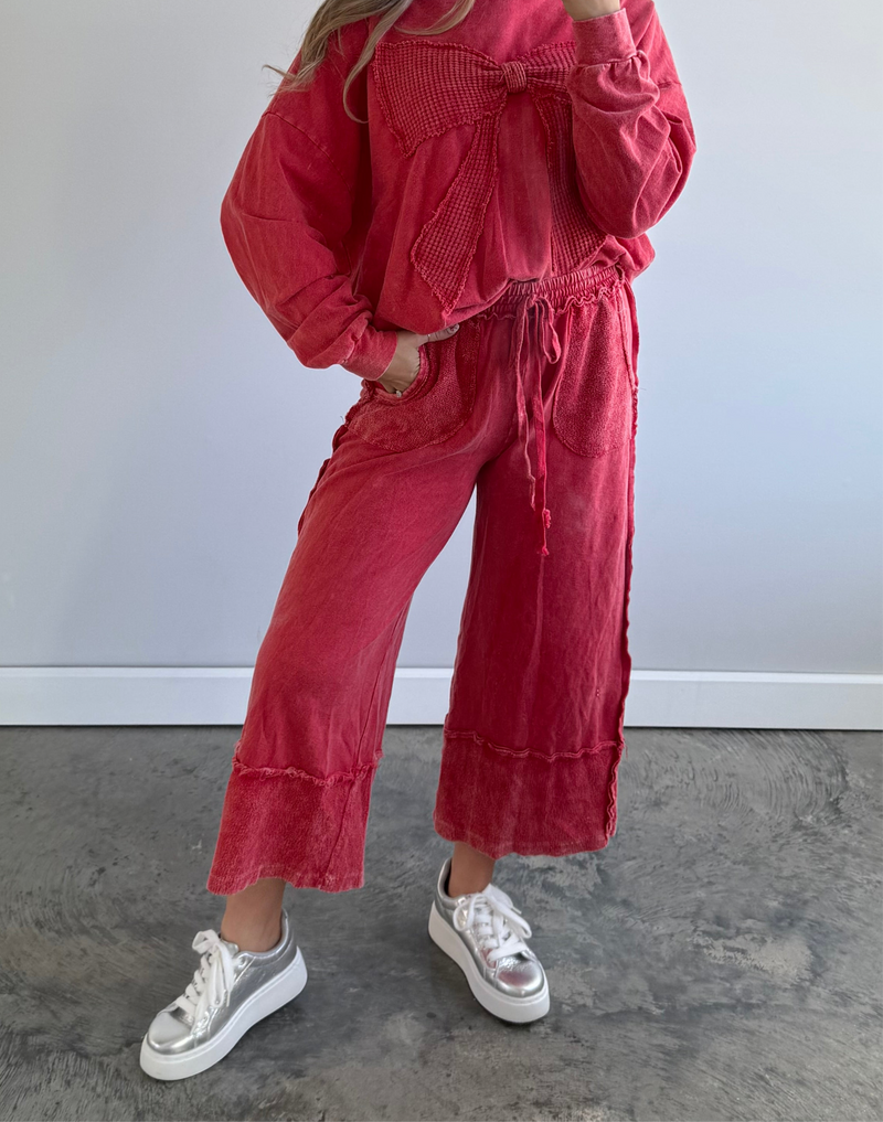 Washed Wide Pants with Raw Hem Pants: Red