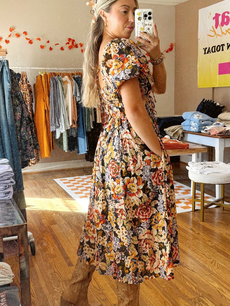 Fall Sun Harvest Midi Smocked Floral Dress