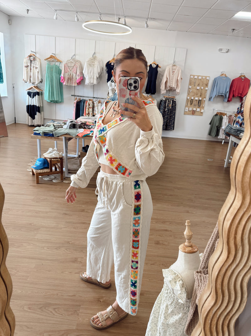 Mineral Washed Crochet Trim Pants: Natural