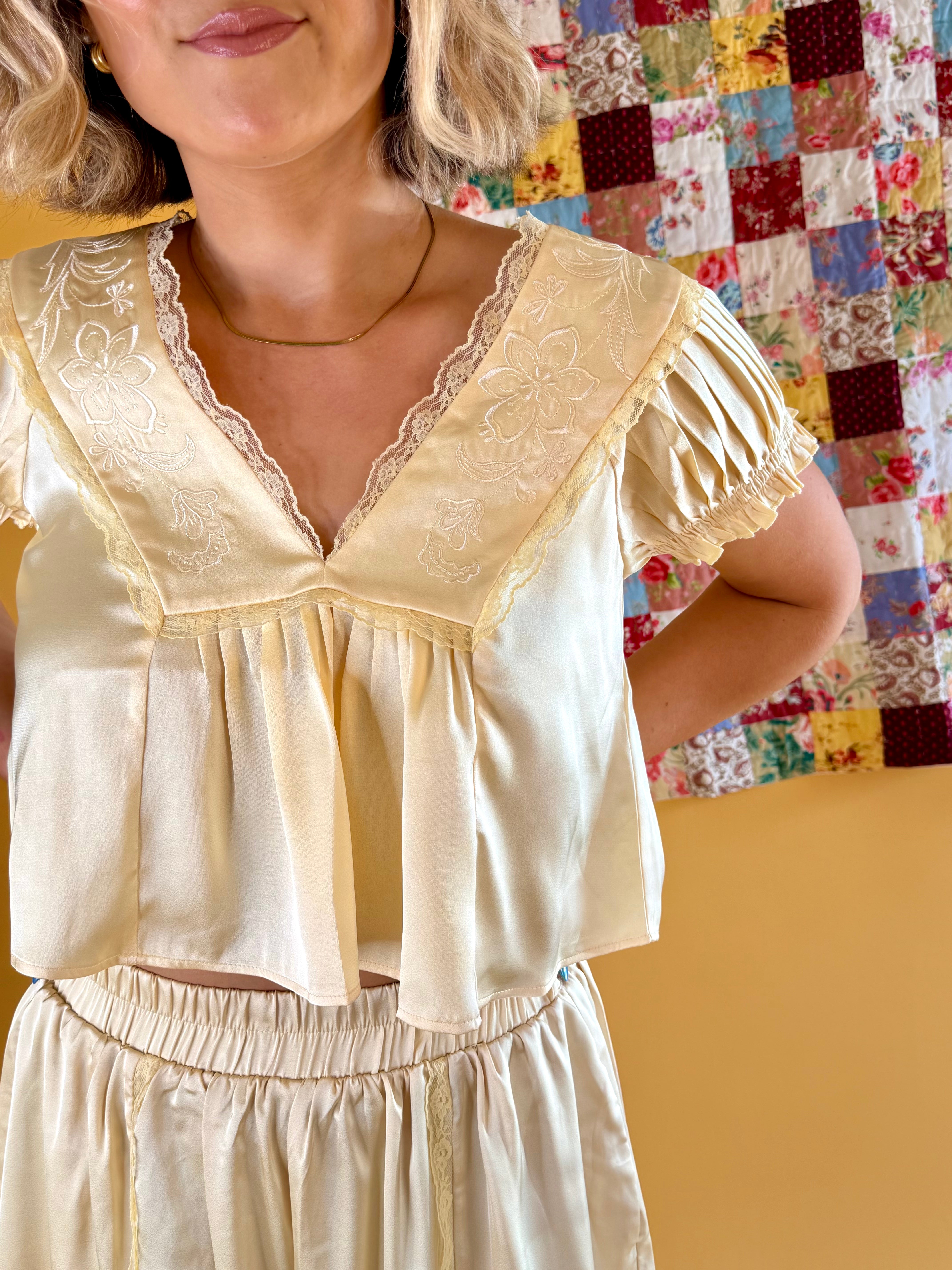 Satin top, Floral detail, Lace detail, Cropped Blouse, Trendy, Summer Blouse, Yellow Blouse