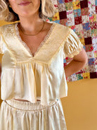Satin top, Floral detail, Lace detail, Cropped Blouse, Trendy, Summer Blouse, Yellow Blouse