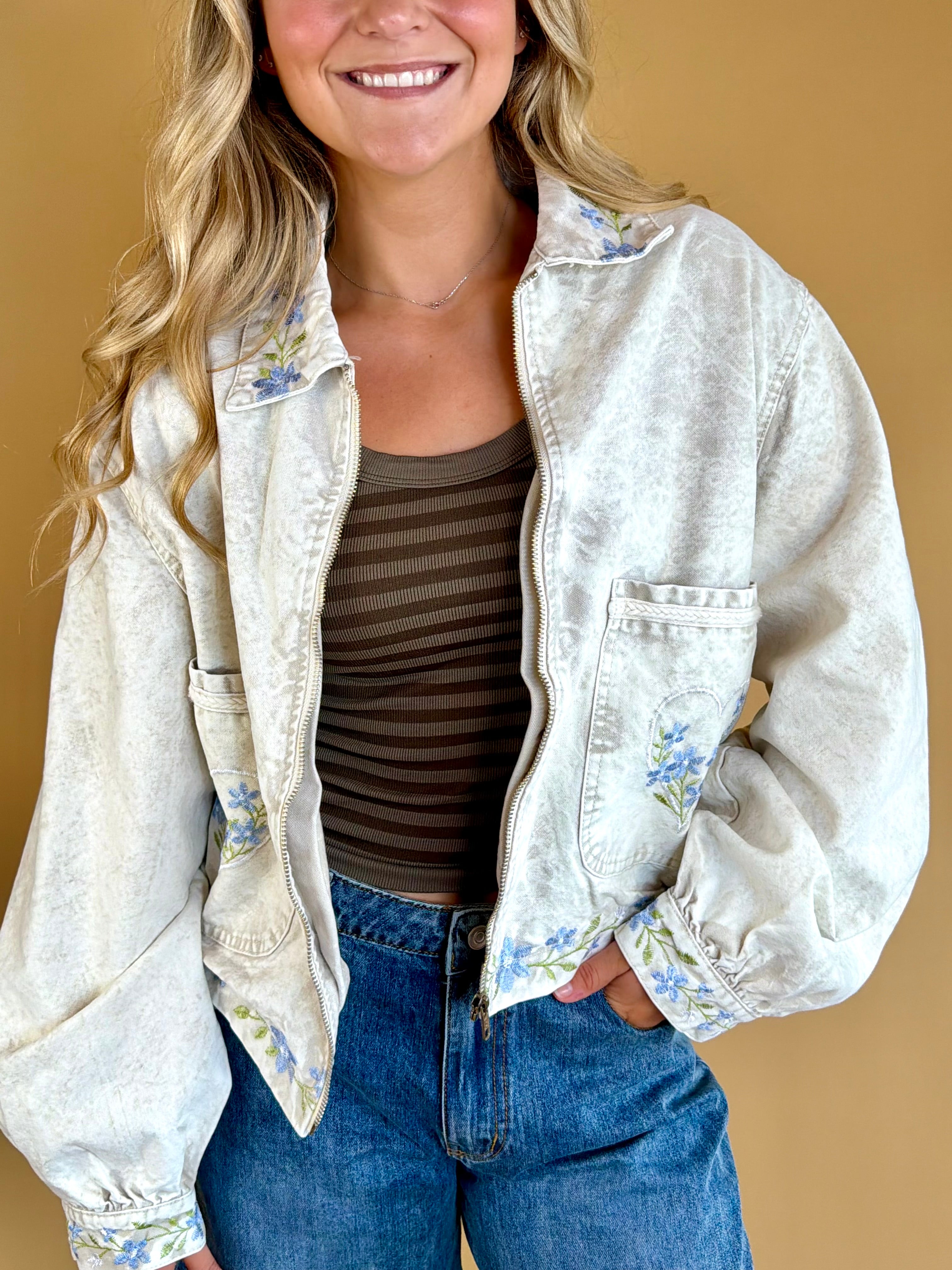 Jackets, fall fashion, layering pieces, transitional wear, light jackets, blue floral trim 