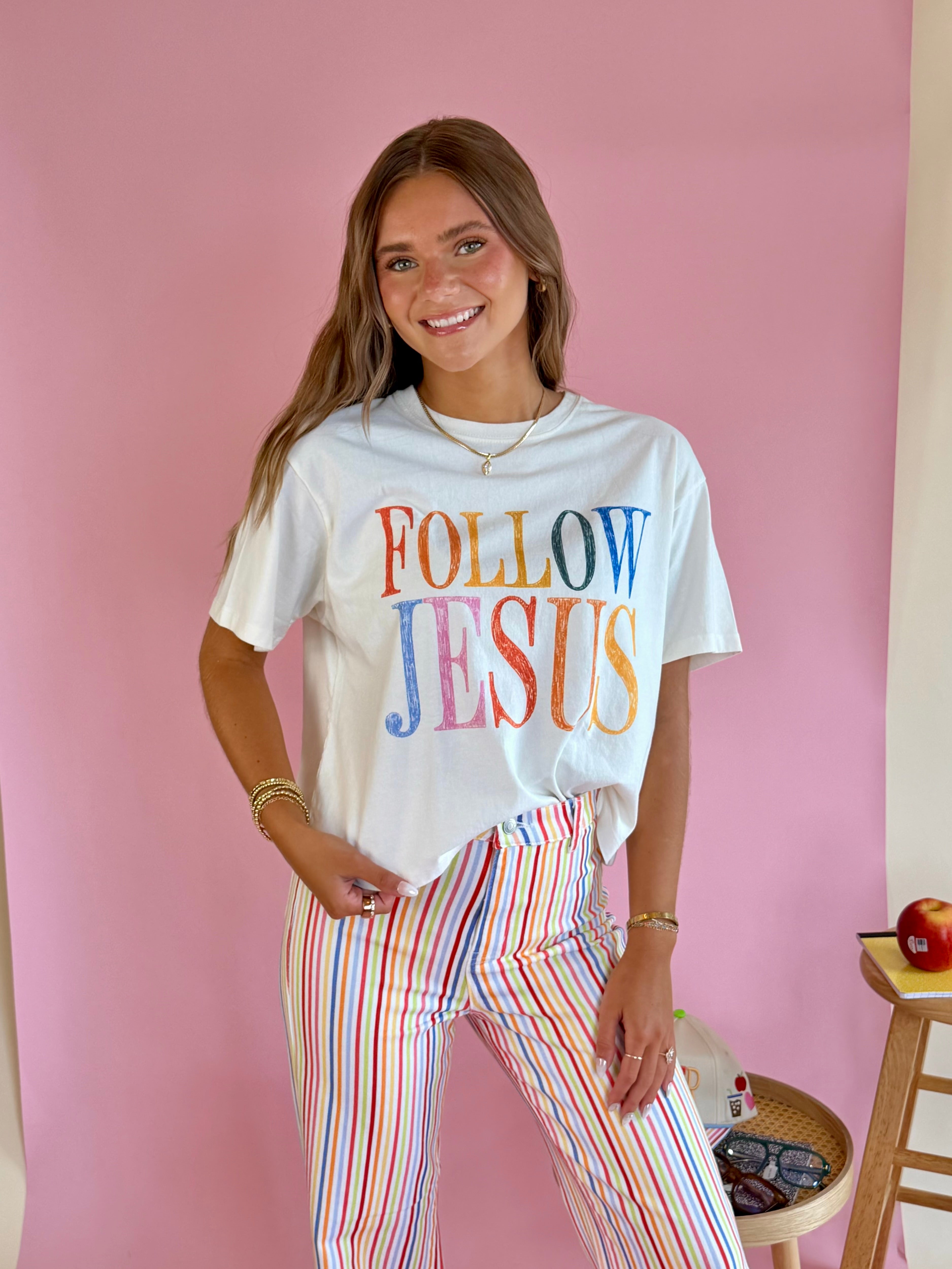 Follow Jesus Tee, Rainbow Tee, White Tee, Trendy Graphic Tees, Relaxed Fit Tees, Christian Tees 