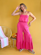 hot pink, jumpsuit, wide leg, vacay outfit, vacation, spaghetti straps, comfortable, summer, girly