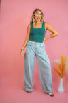 Carrie Washed Denim Wide Leg Pant with Tie