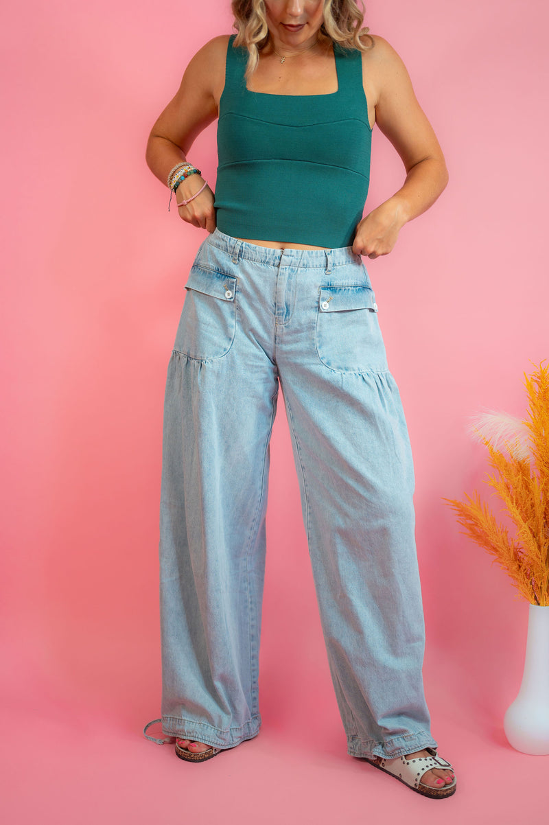 Carrie Washed Denim Wide Leg Pant with Tie