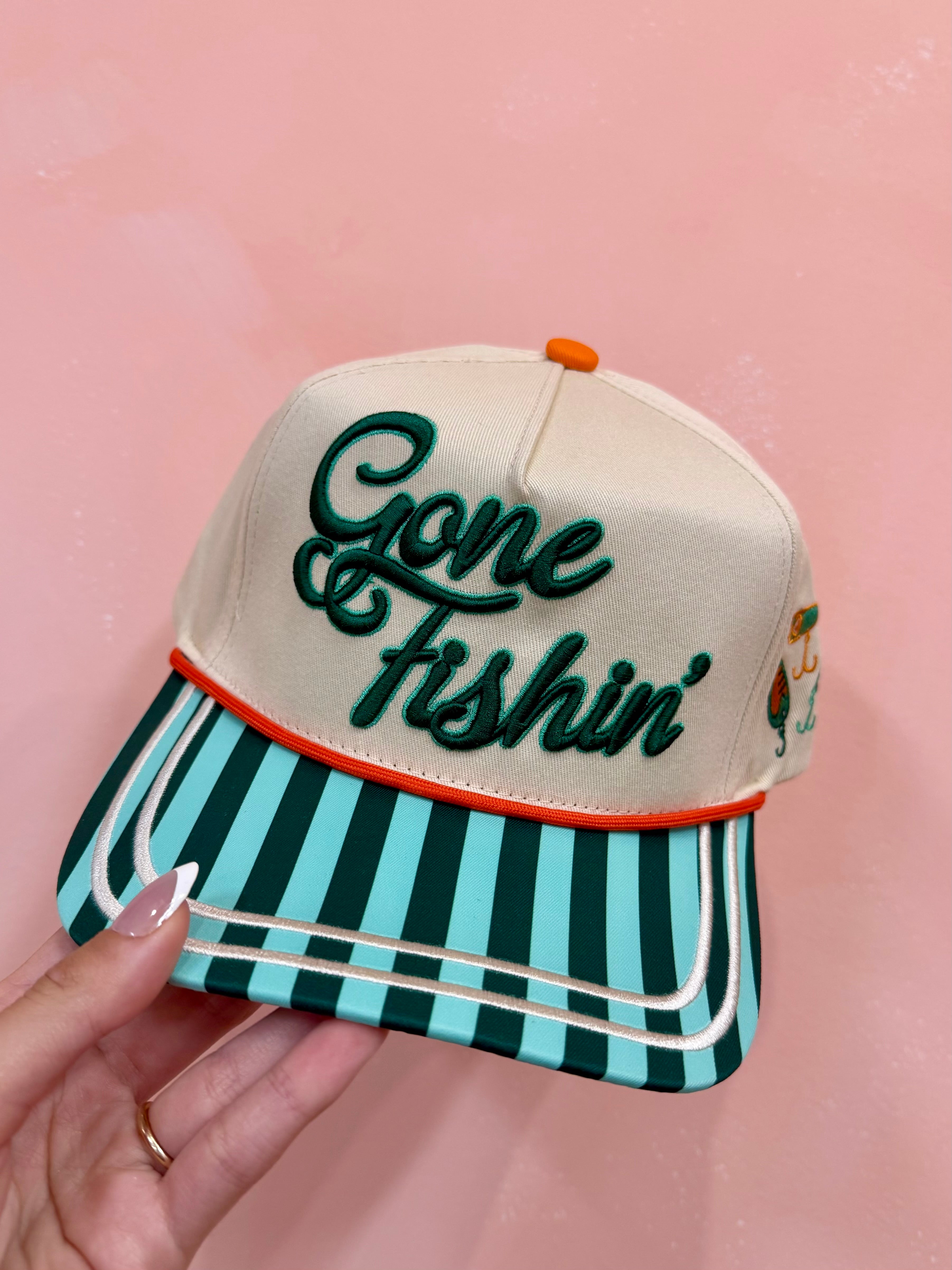 GONE FISHIN' HAT, SUMMER HAT, COLORFUL TRUCKER HAT, POPPY & PINE