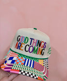 GOOD THINGS ARE COMING HAT, TRUCKER HAT, COLORFUL HAT, POPPY & PINE, SUMMER HAT