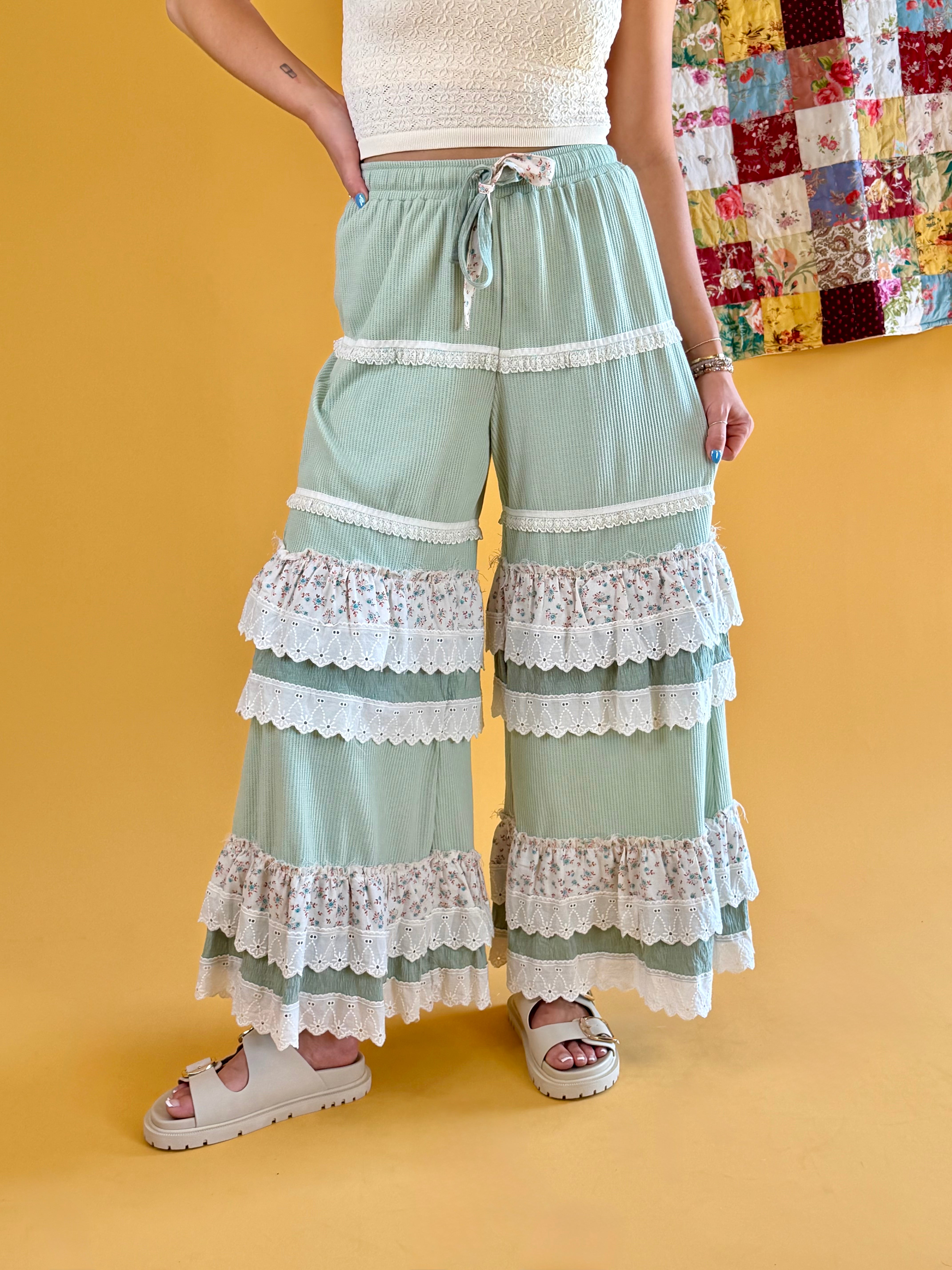 Green Pants, Wide Leg Summer Pants, Floral Wide Leg Pants, Comfy Summer Pants, Tall Girl Friendly Pants