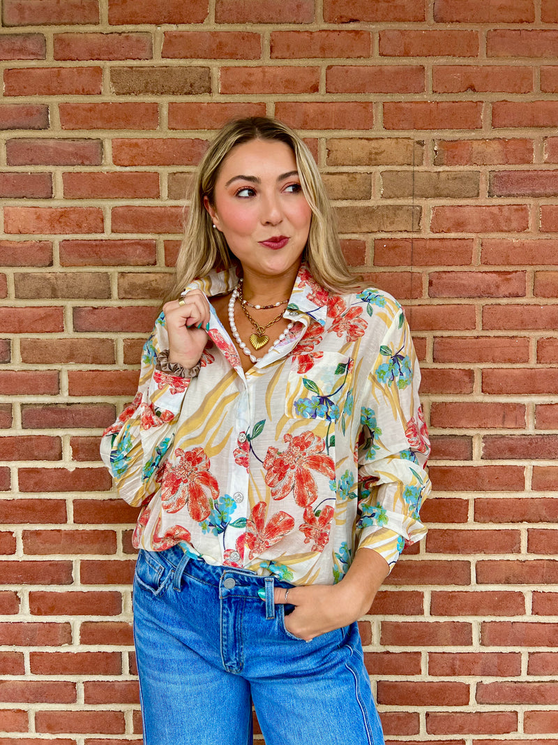 POL Primary Floral Woven Button Down Blouse