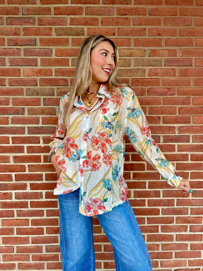 POL Primary Floral Woven Button Down Blouse