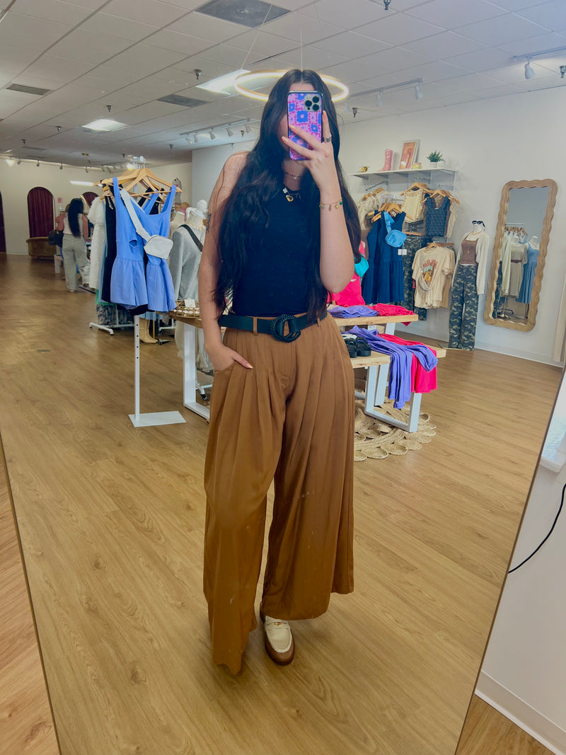 Camel Wide Leg Pleated Trouser Pant