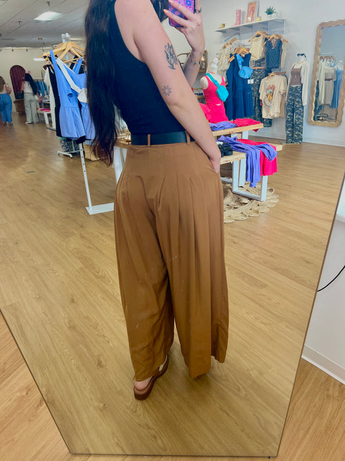 Camel Wide Leg Pleated Trouser Pant