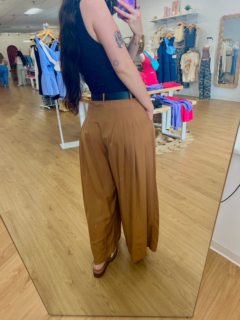 Camel Wide Leg Pleated Trouser Pant