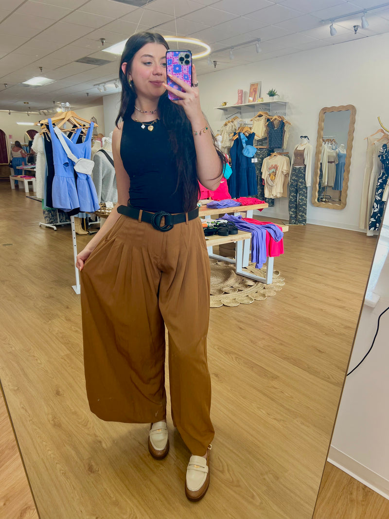 Camel Wide Leg Pleated Trouser Pant
