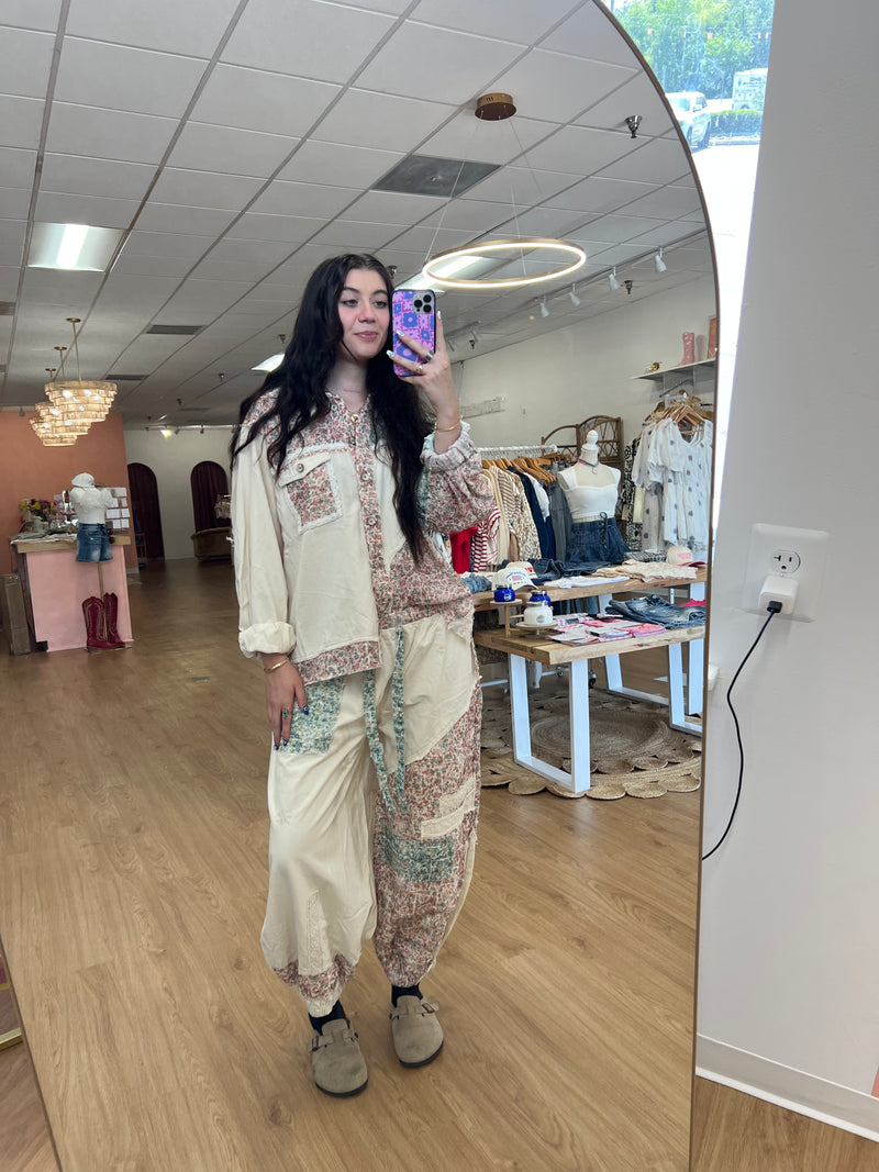 Boho Floral Balloon Sleeve Shacket: Oatmeal