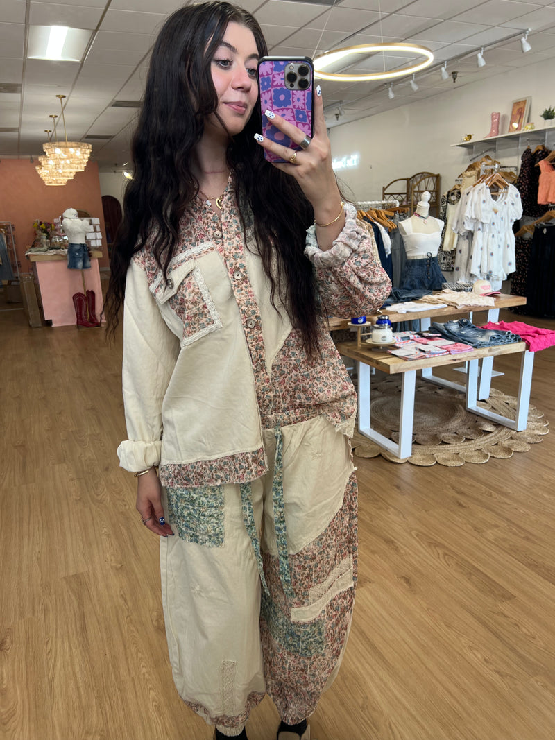 Boho Floral Balloon Sleeve Shacket: Oatmeal