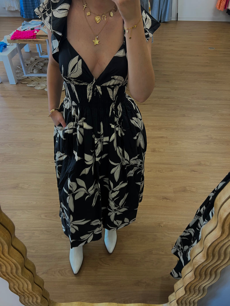 Neutral Tropics Smocked Bodice Midi Dress