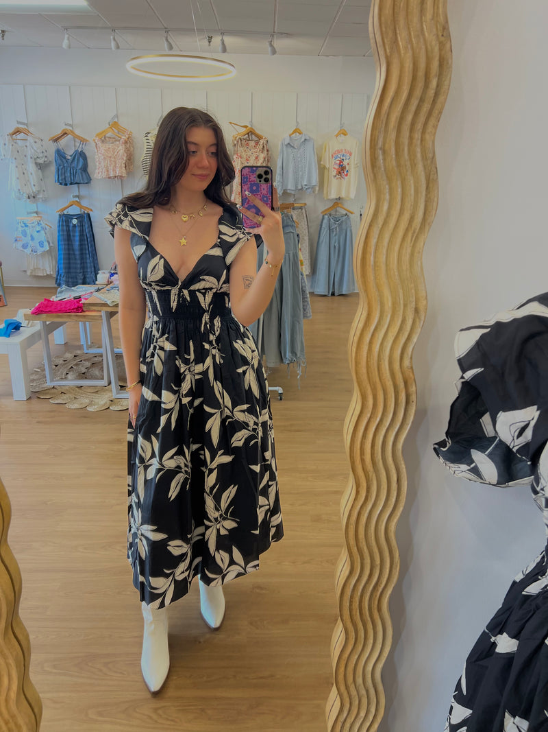 Neutral Tropics Smocked Bodice Midi Dress