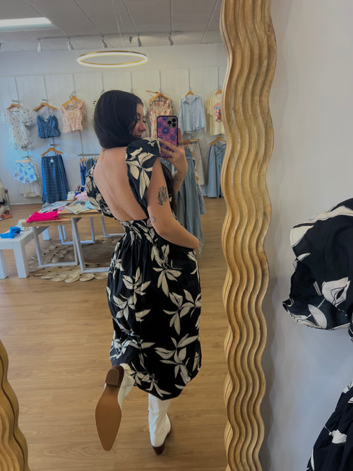 Neutral Tropics Smocked Bodice Midi Dress