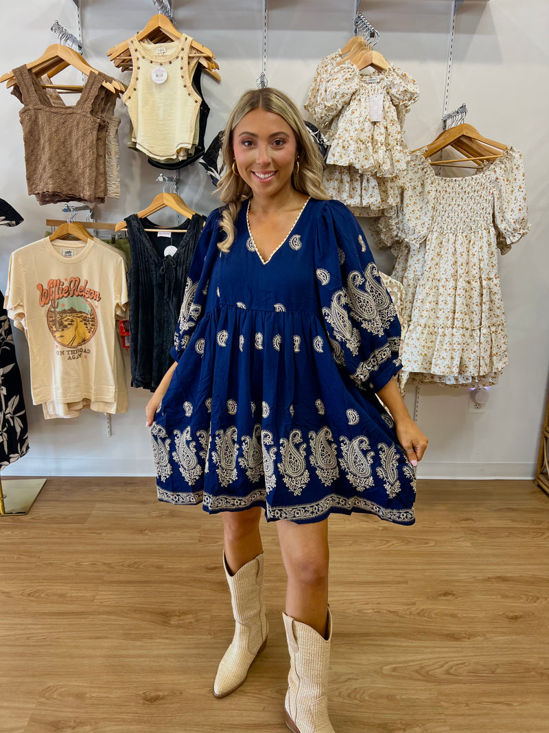 Paisley Embroidered Puff Sleeve Mini Dress
