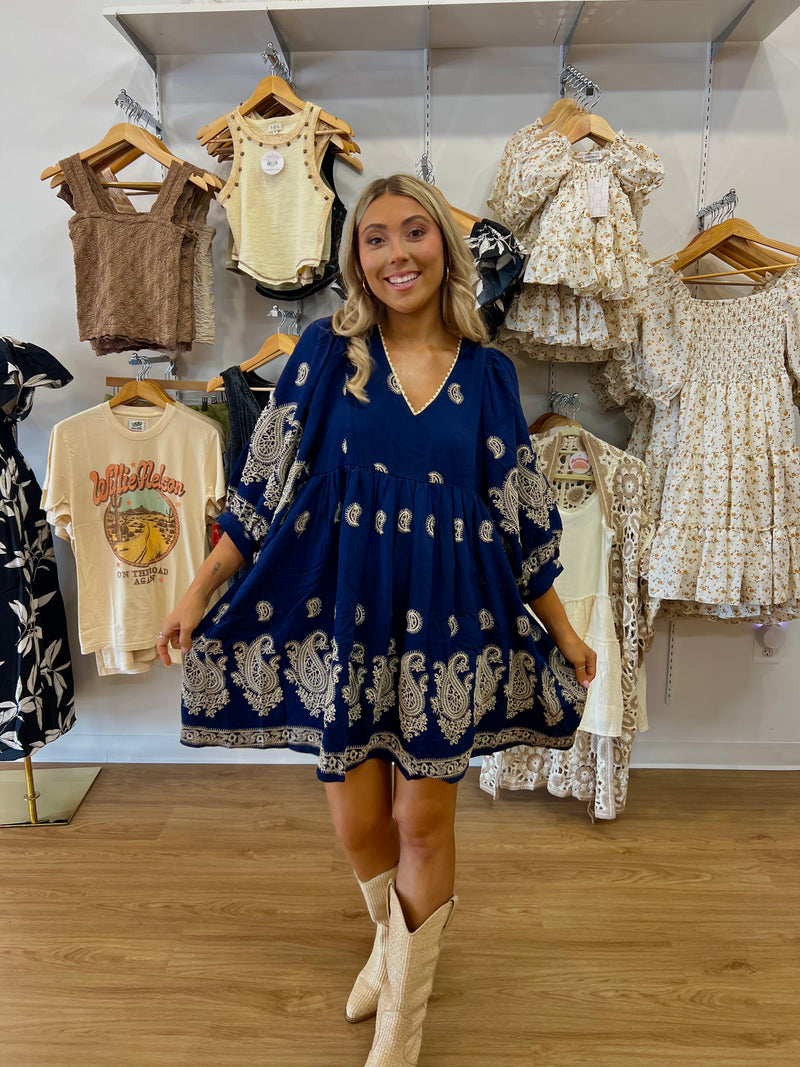 Paisley Embroidered Puff Sleeve Mini Dress