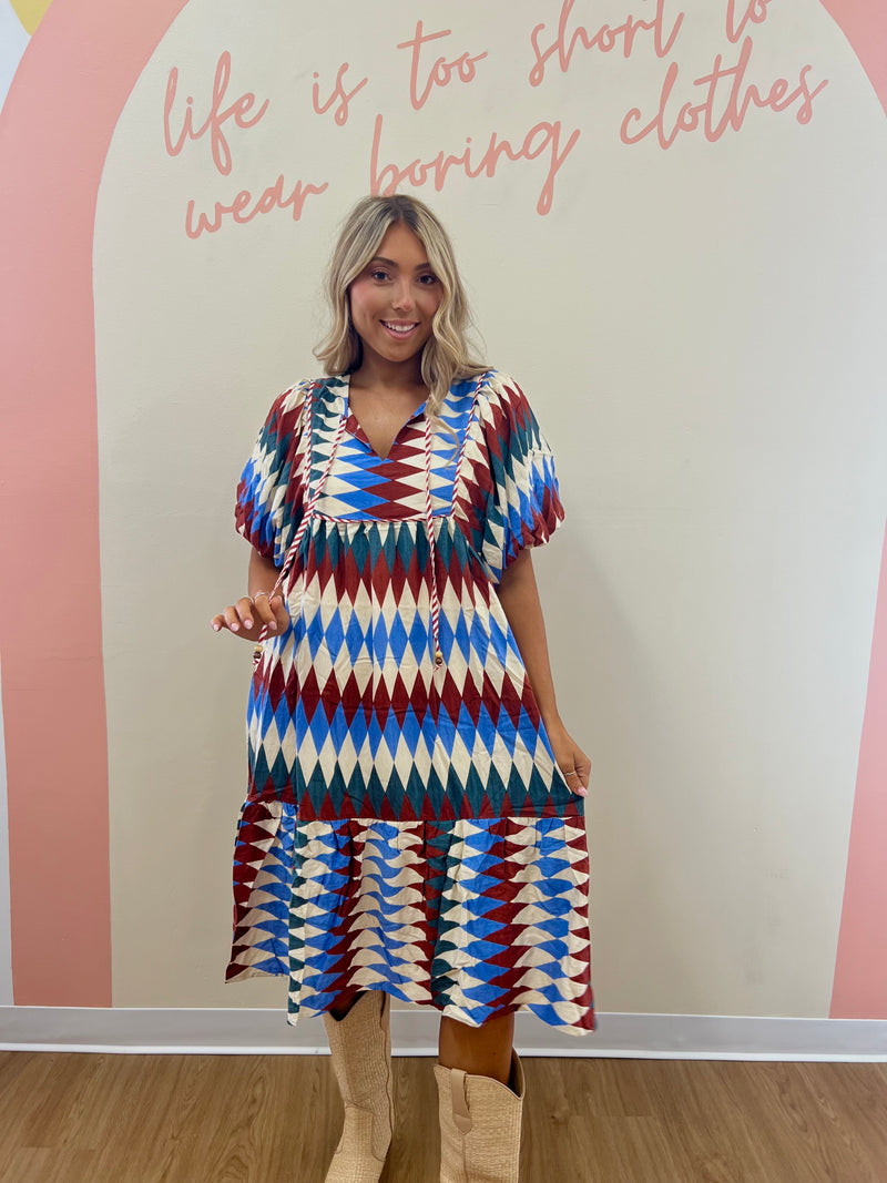 Diamond Striped Midi With Beaded Tie